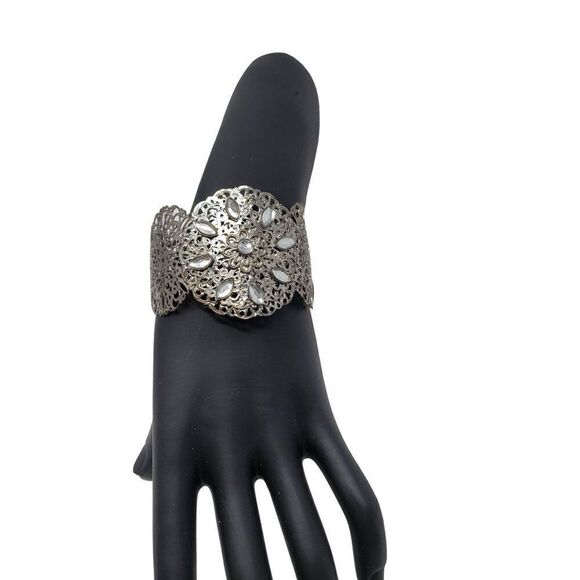 Vintage Fillagree Metal Wide Cuff Bracelet Silver Rhinestone Perforated Scroll - Picture 1 of 9